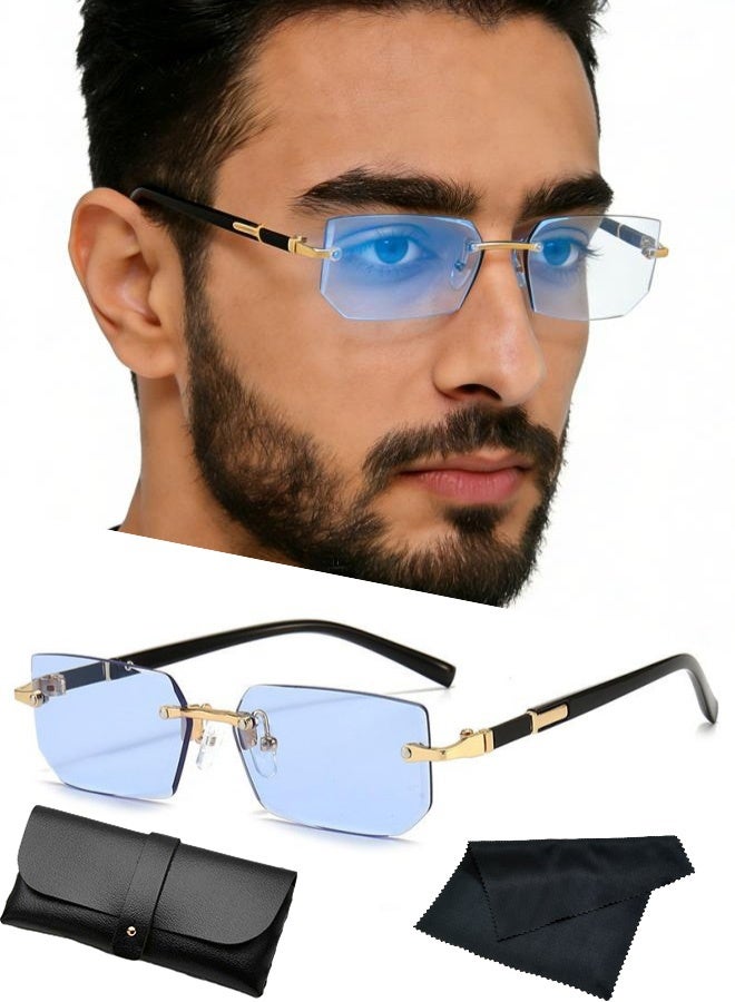 New Rimless Fashion Trend Sunglasses with Glasses Case and Cleaning Cloth UV Protection Unisex Style for Beach Trips Daily Commutes Outdoor Sports Travel Adventures Festive Gatherings Casual Outings,Transparent Blue - Image 1